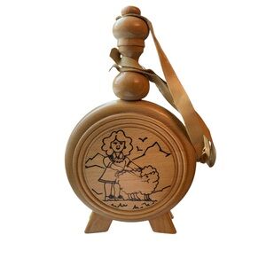 Vintage Wooden Decorative Flask with Girl and Sheep Design